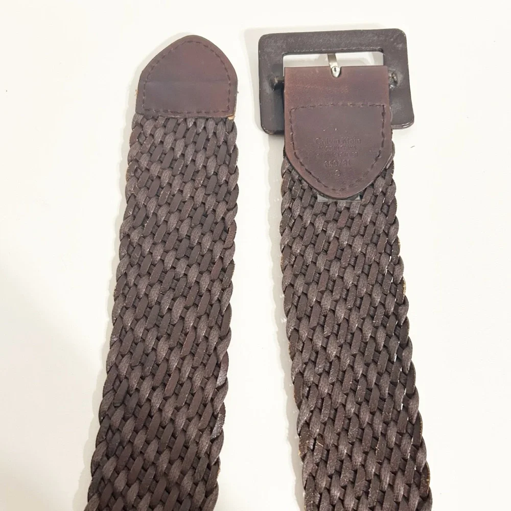Calvin Klein Oversized Leather Covered Buckle Dark Brown Woven Leather Jute Belt